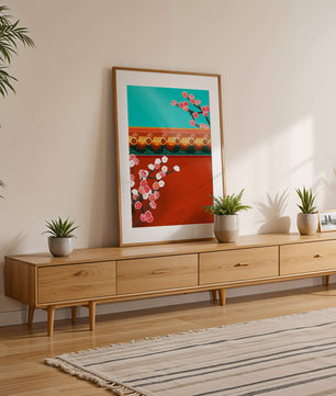 Arquitectura asiática tradicional con cerezos en flor