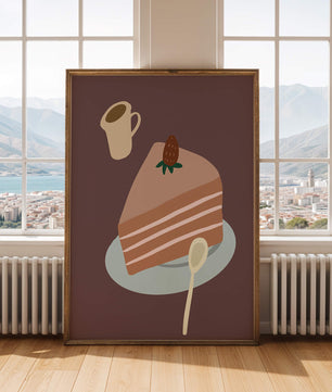 Ilustración de una porción de pastel con fresa y café