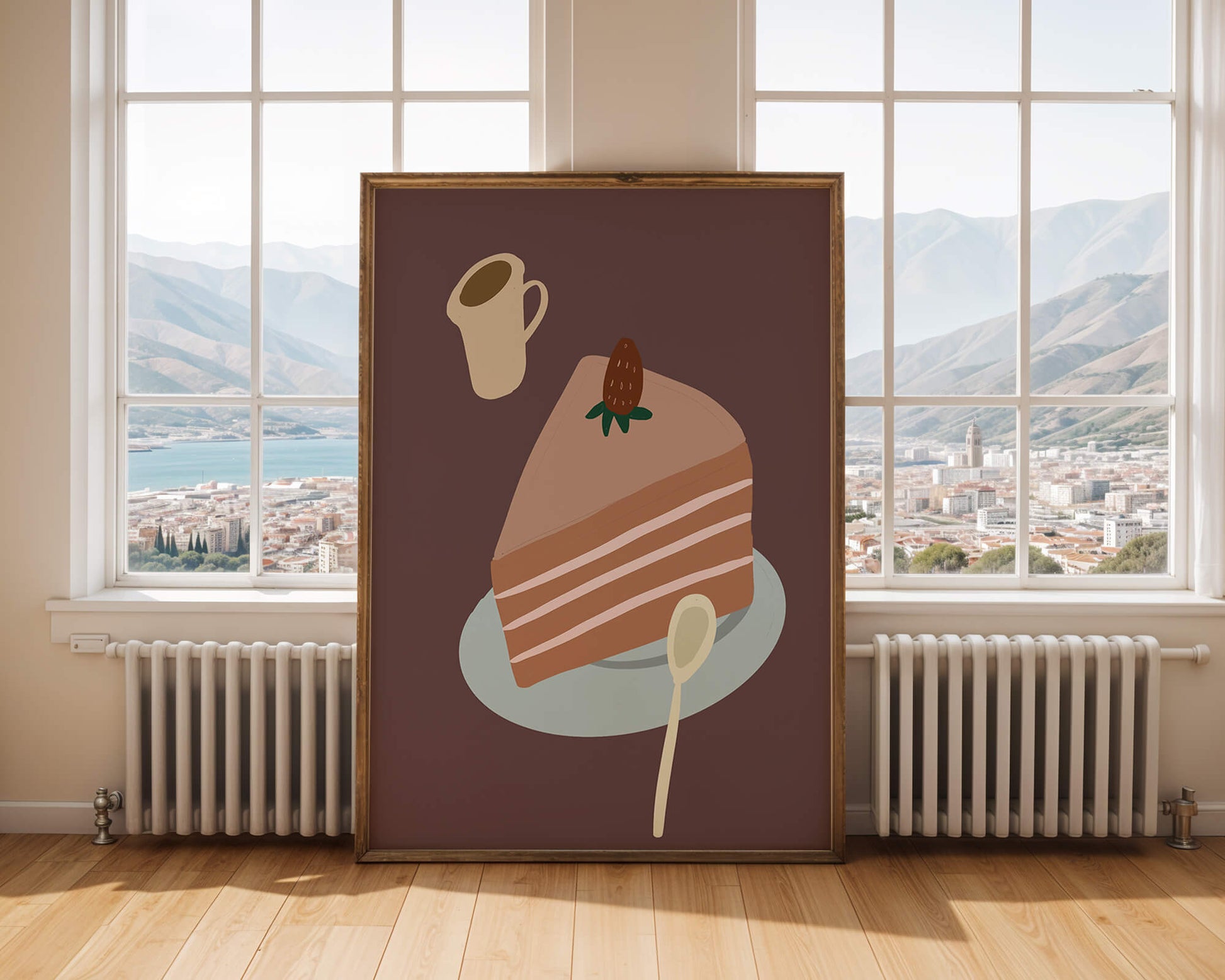 Illustration of a cake slice with strawberry and coffee