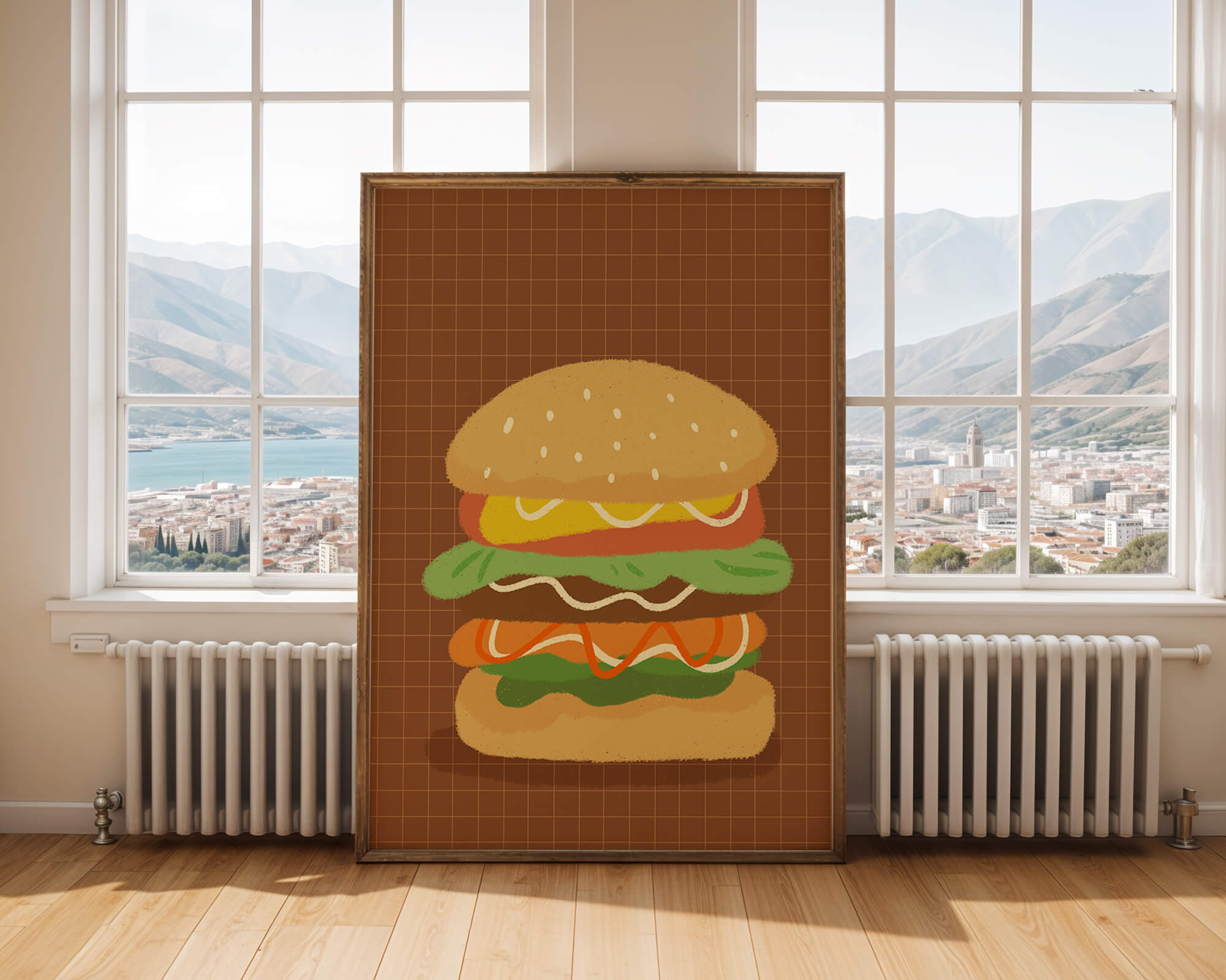Illustrated cheeseburger with colorful layers on a grid background