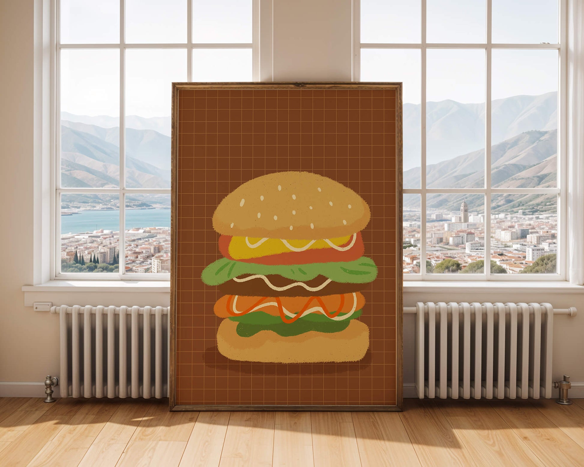 Illustrated cheeseburger with colorful layers on a grid background