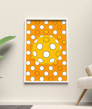 Colorful geometric pattern with white polka dots on orange background