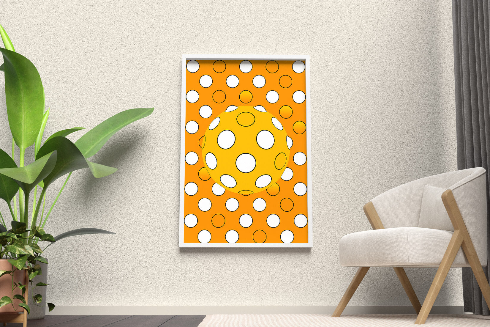 Colorful geometric pattern with white polka dots on orange background