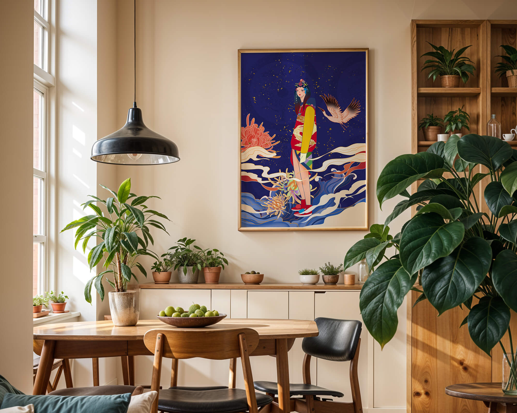Elegant fusion of traditional and modern art with floral and avian elements