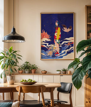 Fusion élégante d’art traditionnel et moderne avec des éléments floraux et aviaires