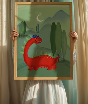 Whimsical red dinosaur in a serene nighttime forest