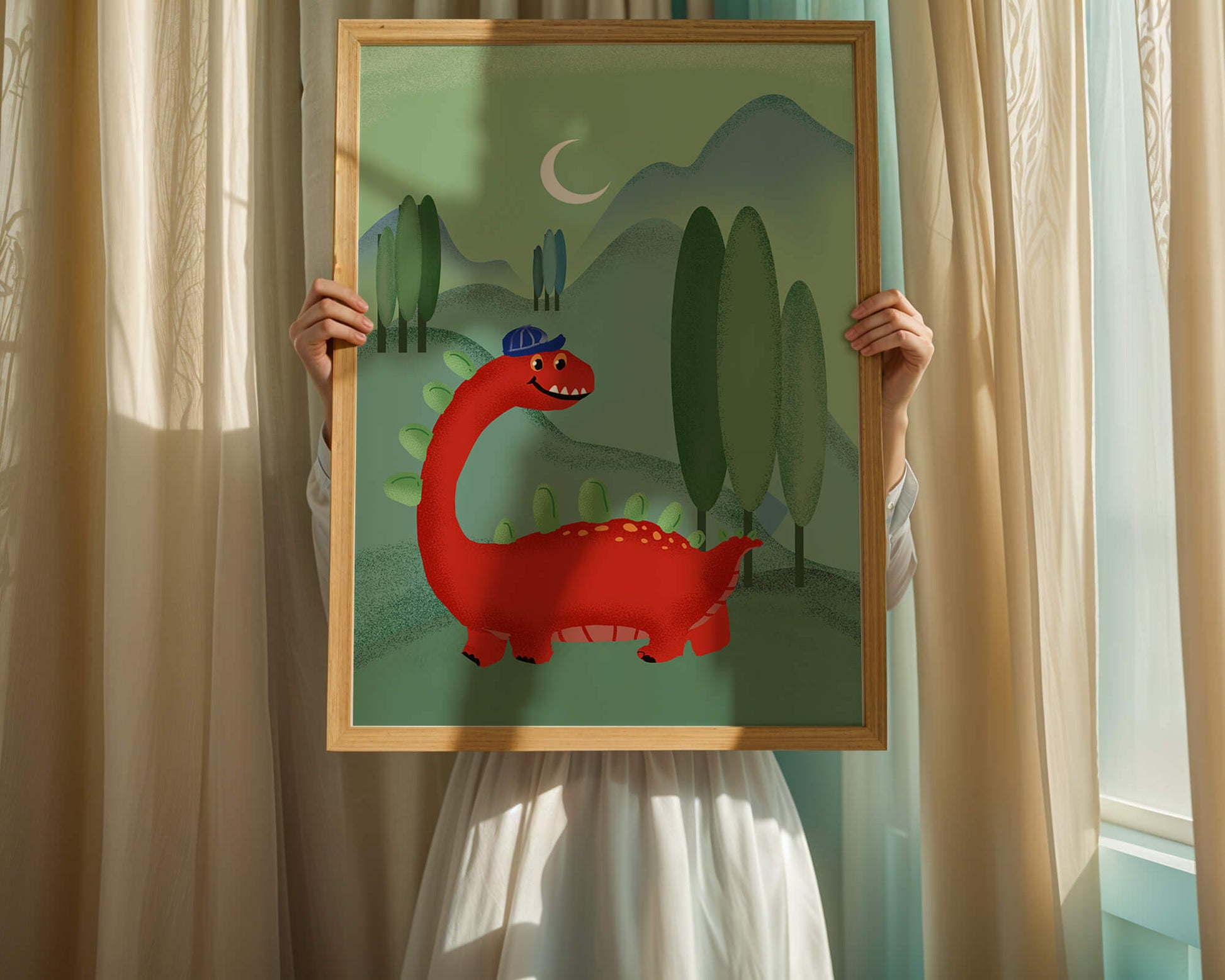 Whimsical red dinosaur in a serene nighttime forest