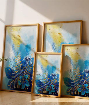 Floral illustration with blue leaves and golden accents on abstract background