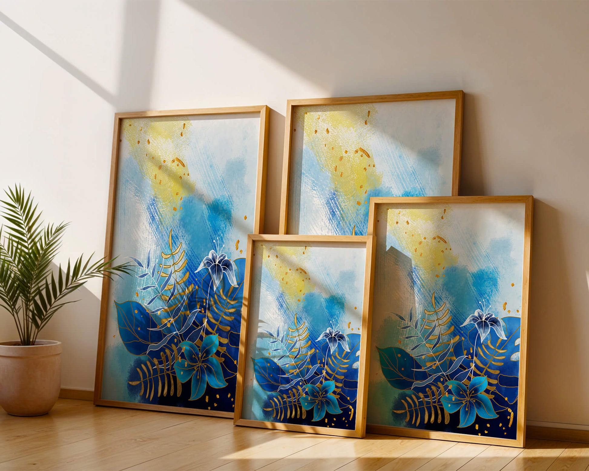 Floral illustration with blue leaves and golden accents on abstract background