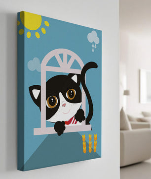 Charming black and white cat peeking through window under bright sun