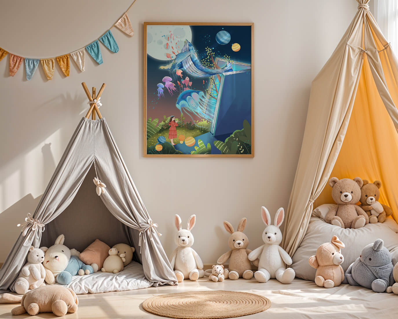 Surreal Ocean Life Emerging From a Book in a Dreamlike Forest Scene