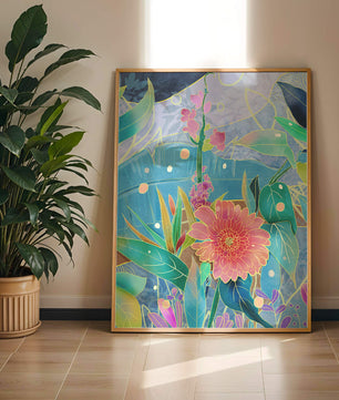 Kunst abstrak bunga yang berwarna-warni dengan bunga dan daun yang cerah