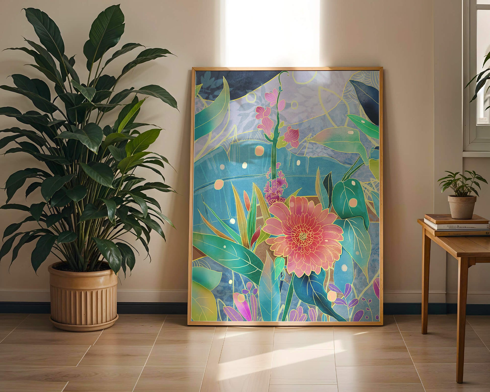 Kunst abstrak bunga yang berwarna-warni dengan bunga dan daun yang cerah