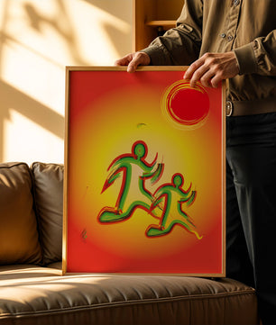 Abstract colorful figures under a vibrant sun with warm tones