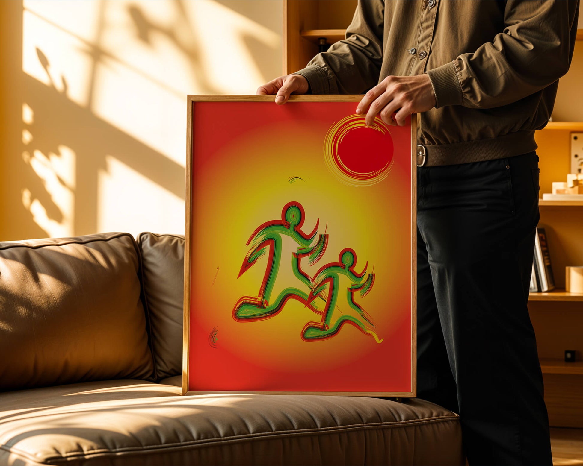Abstract colorful figures under a vibrant sun with warm tones