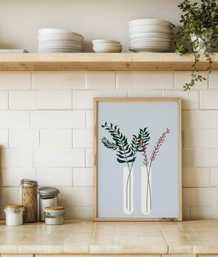 Modern Botanical Illustration with Green Leaves and Red Berries in Minimalist Vases - Mi tienda