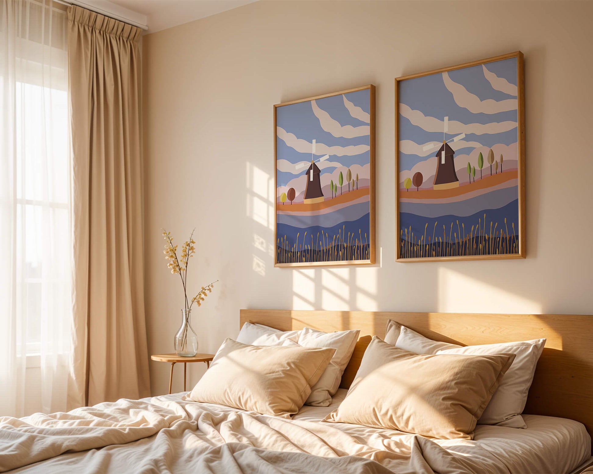 Colorful Landscape Featuring Windmill and Abstract Trees