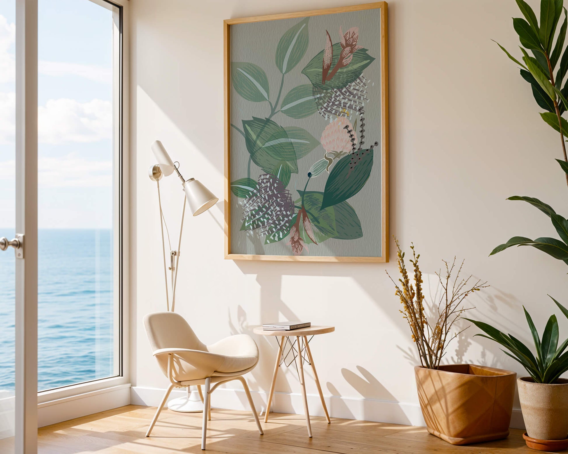 Floral botanical pattern with green leaves and delicate flowers