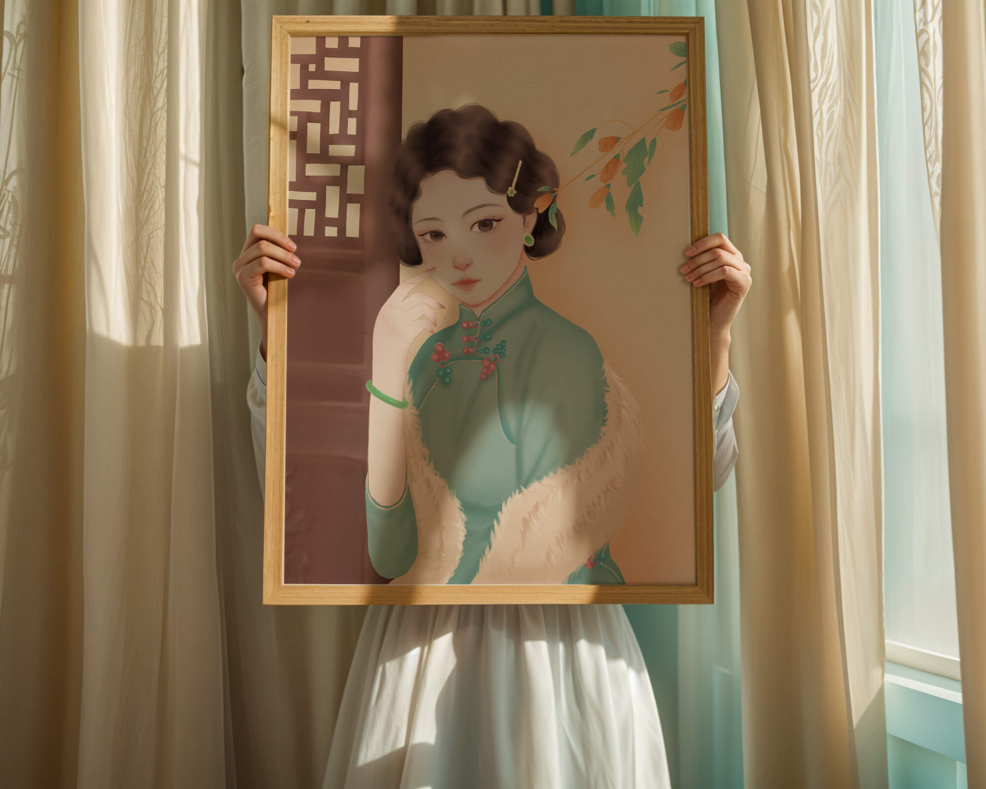 Elegant portrait of a woman in traditional attire with jade accessories