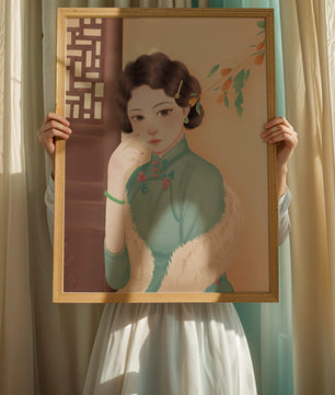 Elegante retrato de una mujer con atuendo tradicional y accesorios de jade
