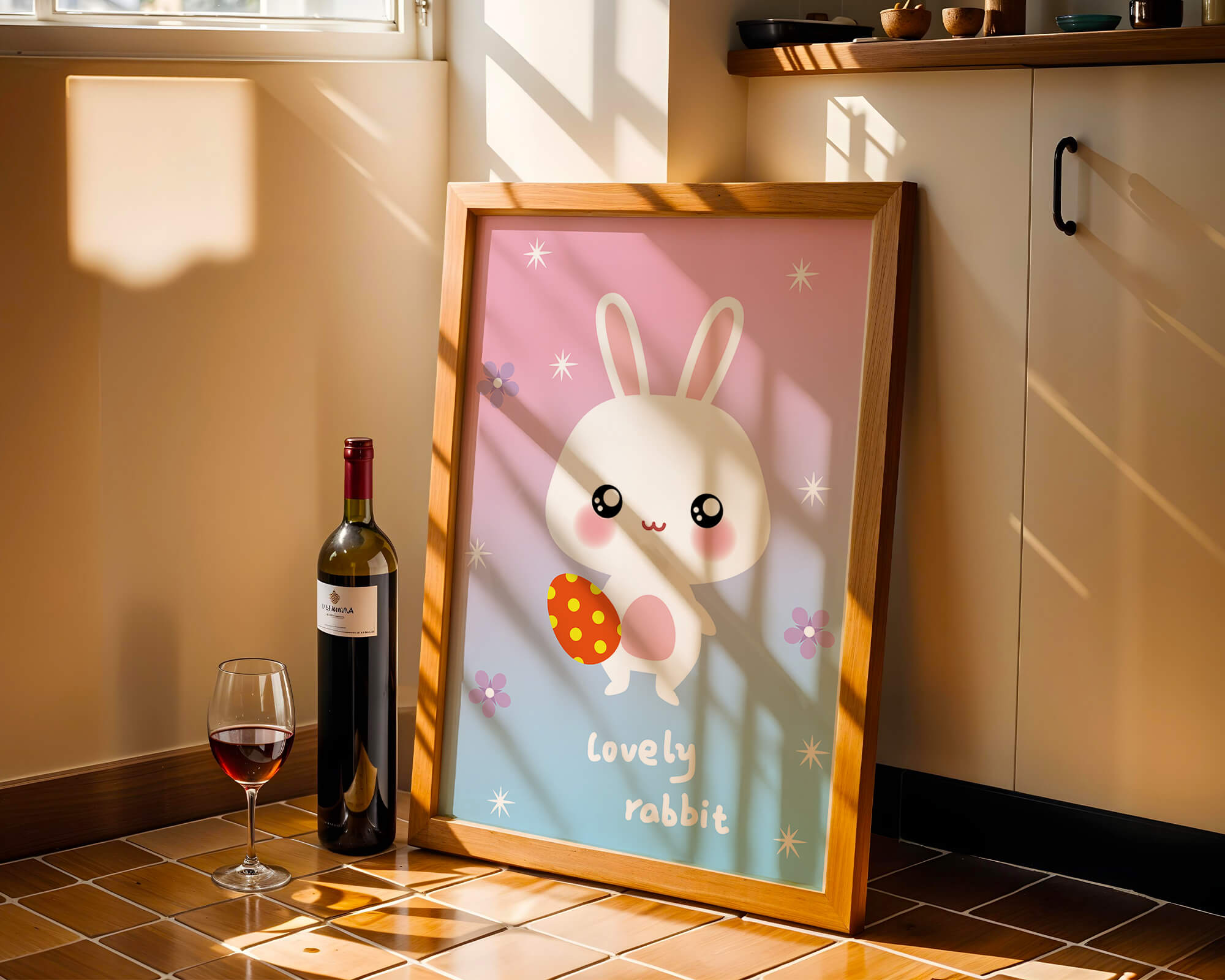 Adorable rabbit illustration with a colorful egg on a pastel background