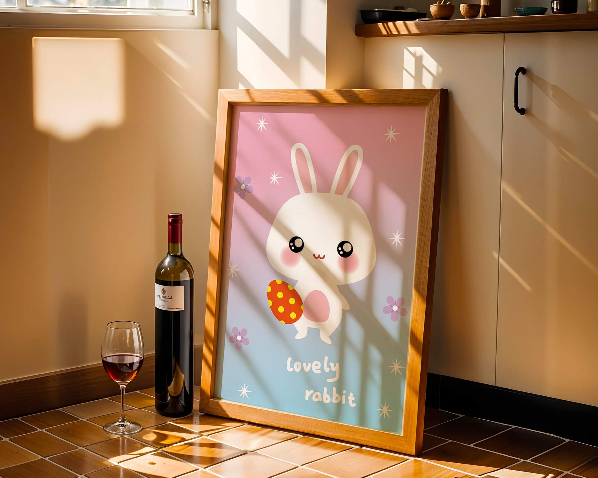 Adorable rabbit illustration with a colorful egg on a pastel background