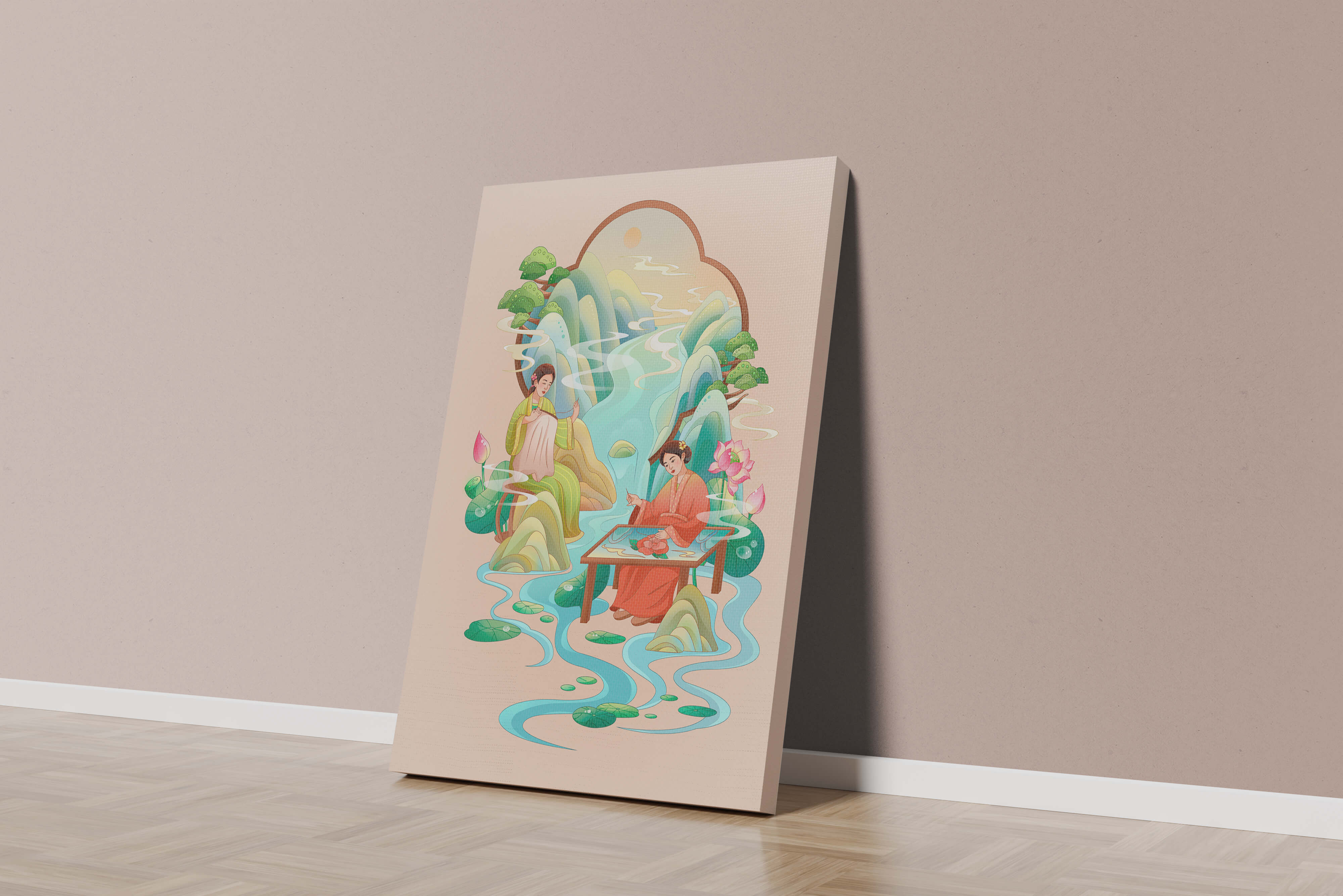 Serene water and nature scene with people in traditional attire