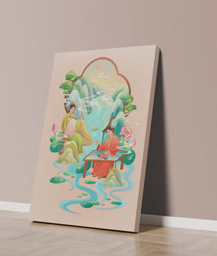 Scène d'eau sereine et de nature avec des personnes en tenue traditionnelle