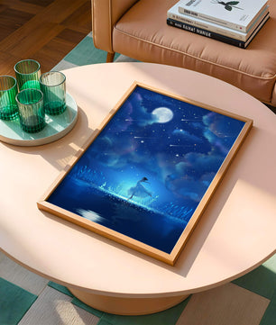Cielo nocturno soñador con figura danzante y luz de luna brillante