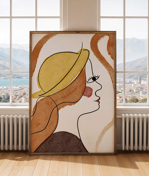 Retrato de línea moderna de una mujer con sombrero y colores vibrantes