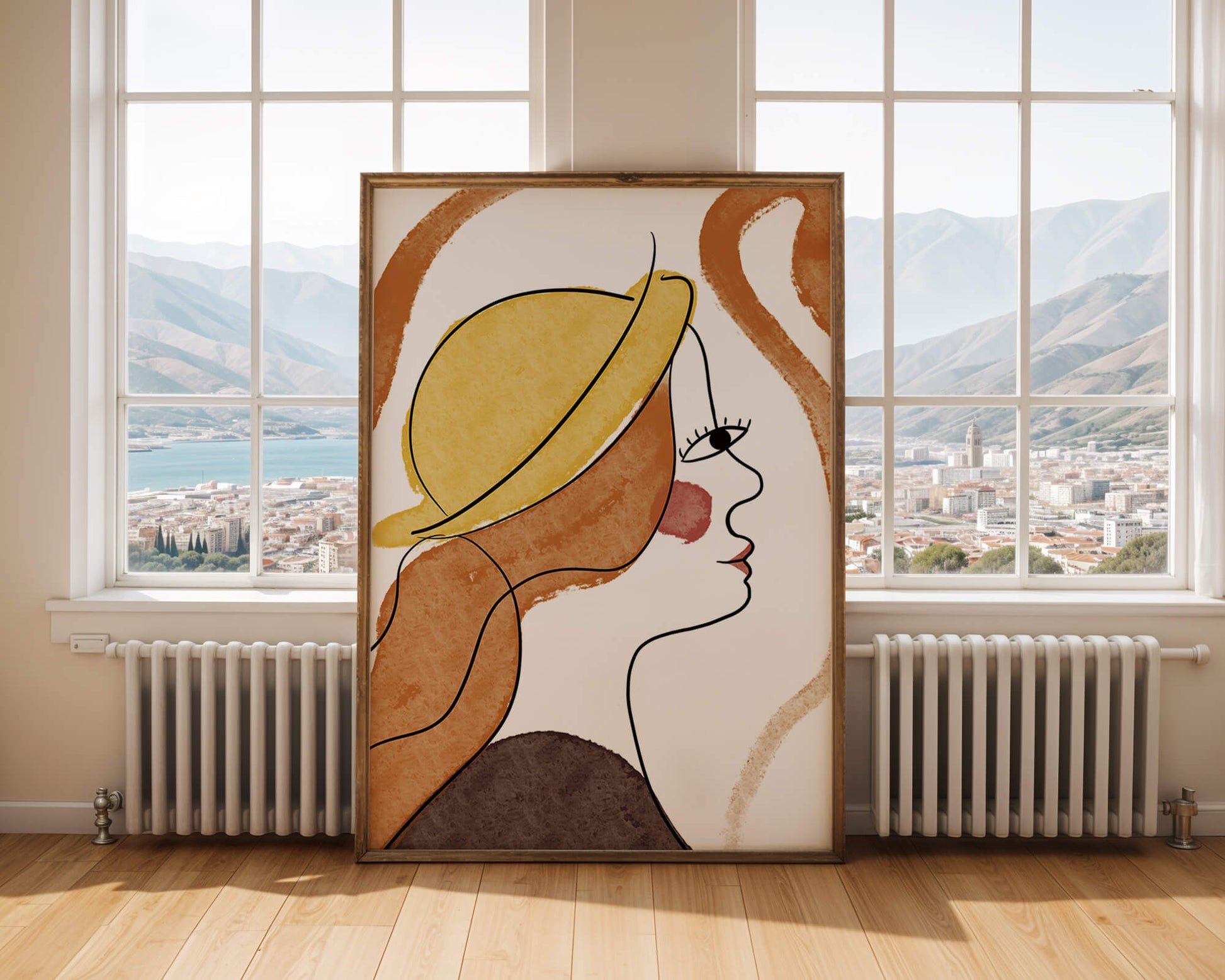 Retrato de línea moderna de una mujer con sombrero y colores vibrantes
