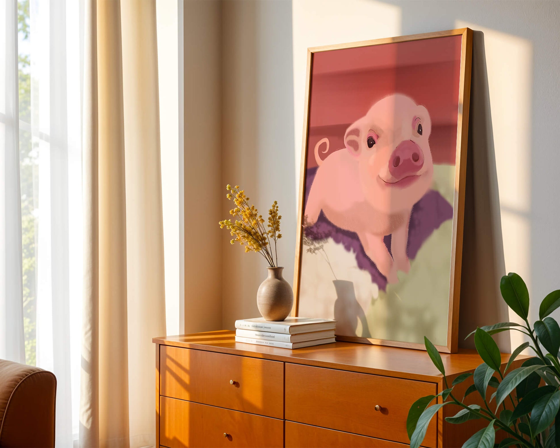 Una encantadora ilustración de un lindo cerdito con un fondo cálido.