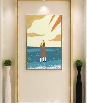 Two figures in winter clothing on a serene beach