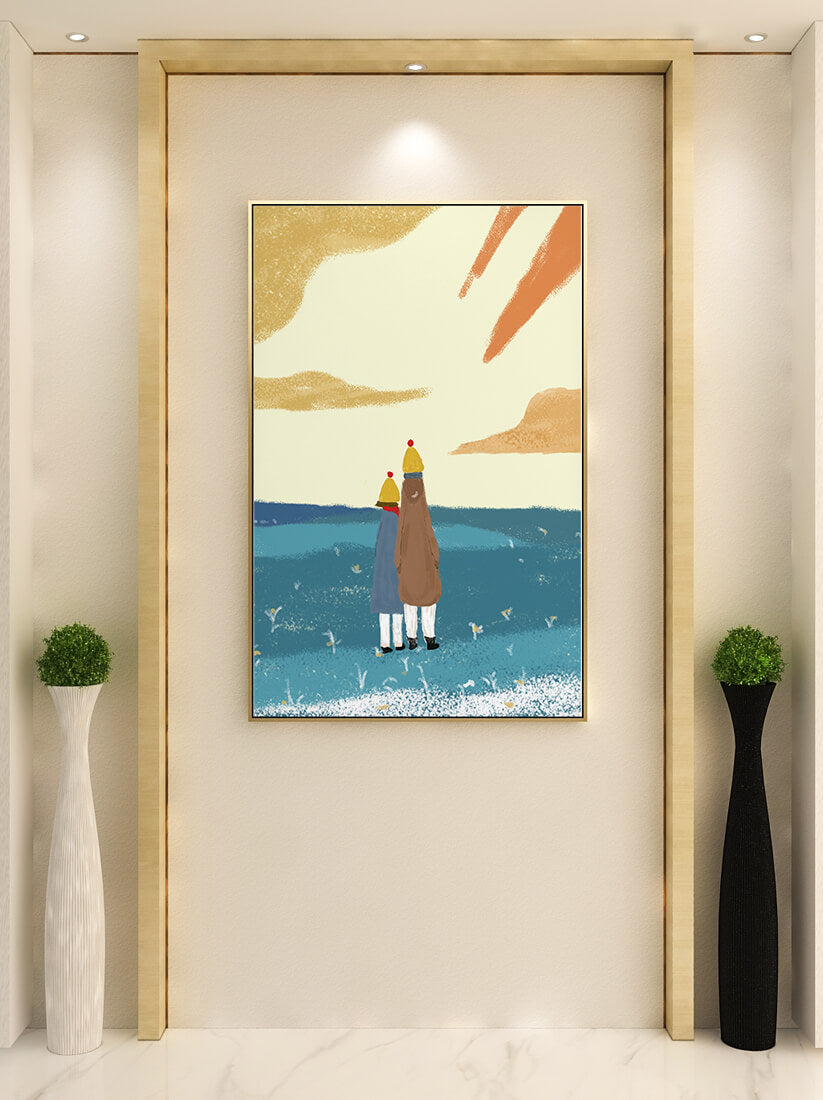Two figures in winter clothing on a serene beach