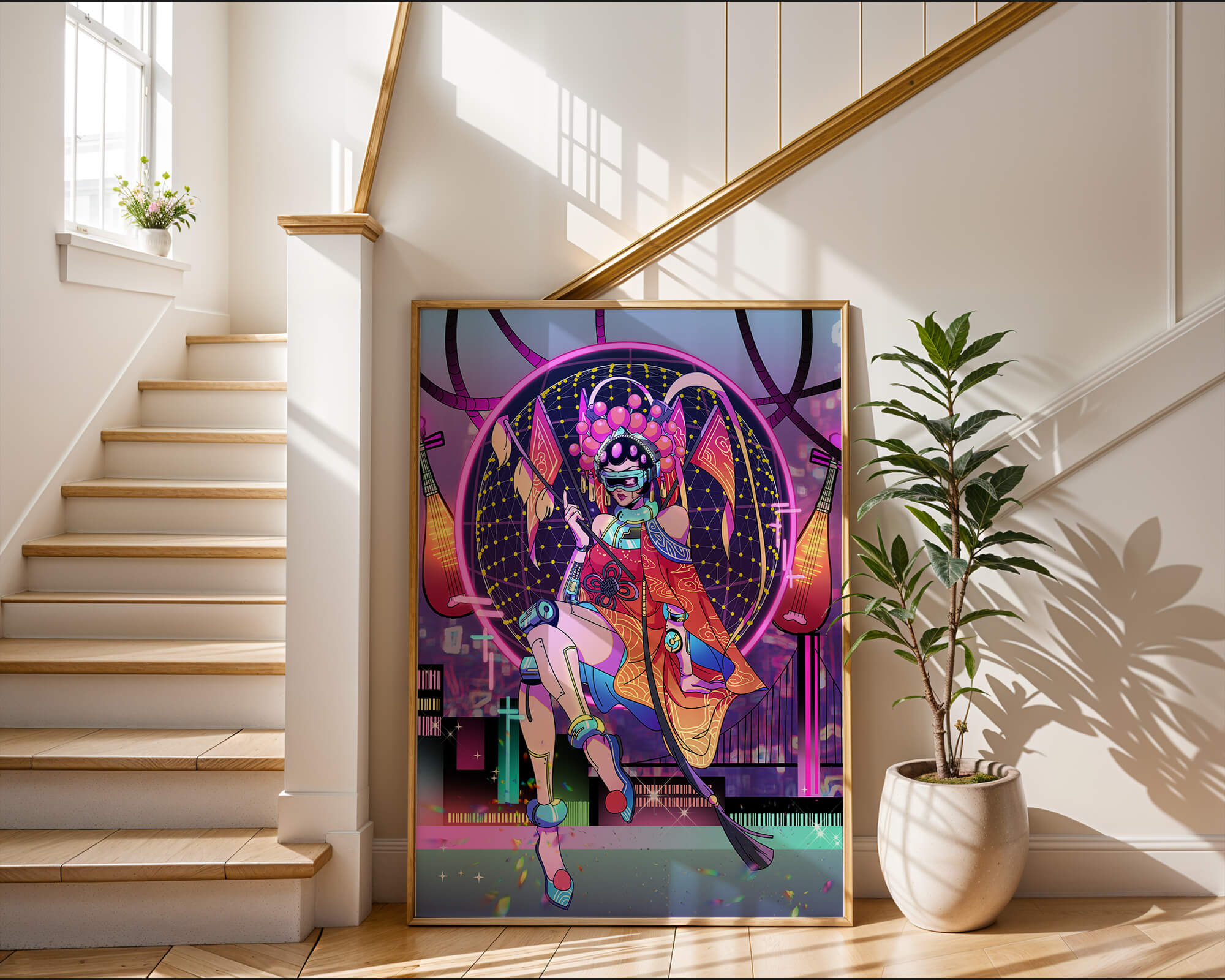 Futuristic geisha with neon lights and traditional elements