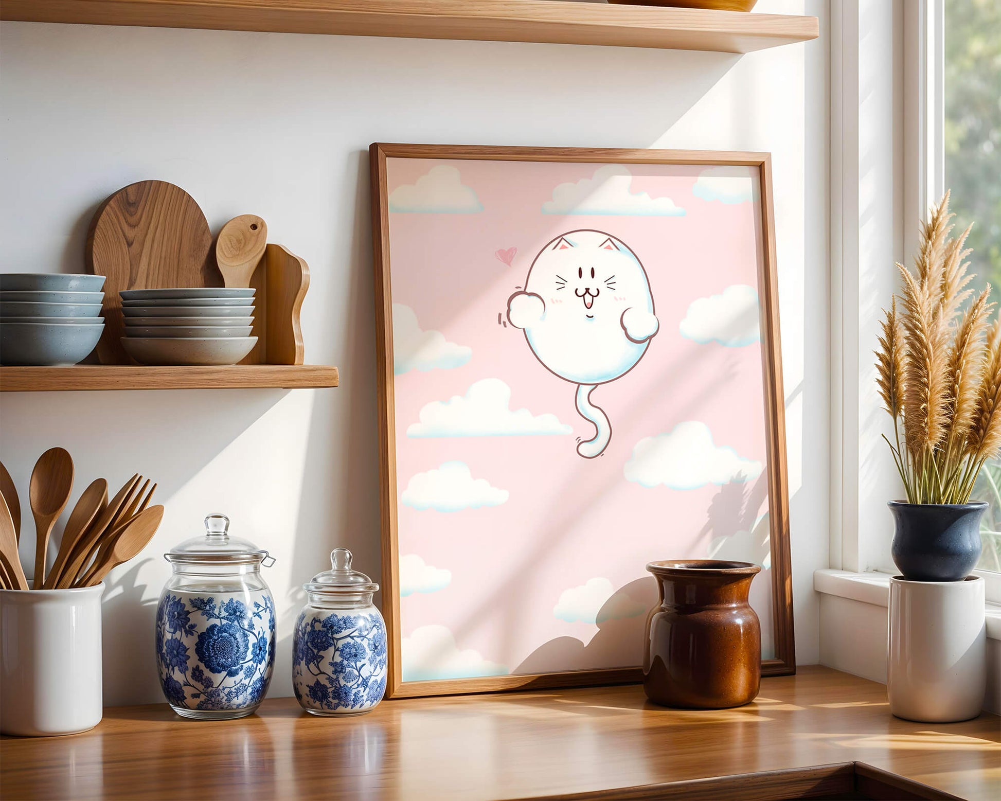 Gato flotante caprichoso en un cielo pastel con nubes esponjosas