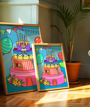 Colorful birthday cake with teddy bear and festive decorations