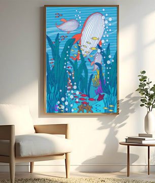 Underwater world illustration with whales and fish amidst seaweed