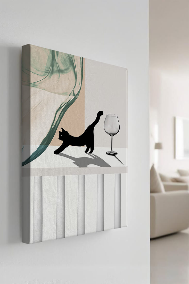 Abstract Composition with Black Cat and Wine Glass on Geometric Background