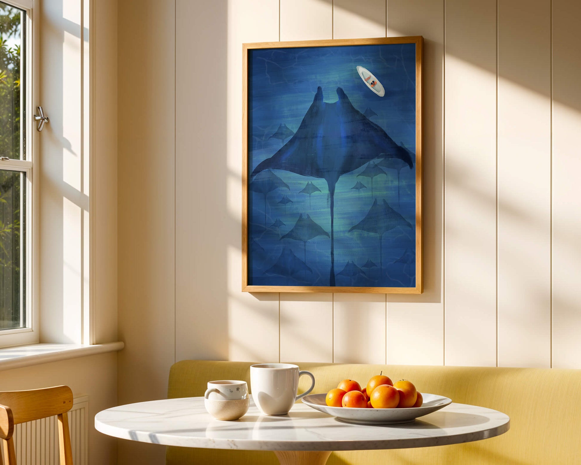 Serene underwater scene with manta rays and a lone kayak