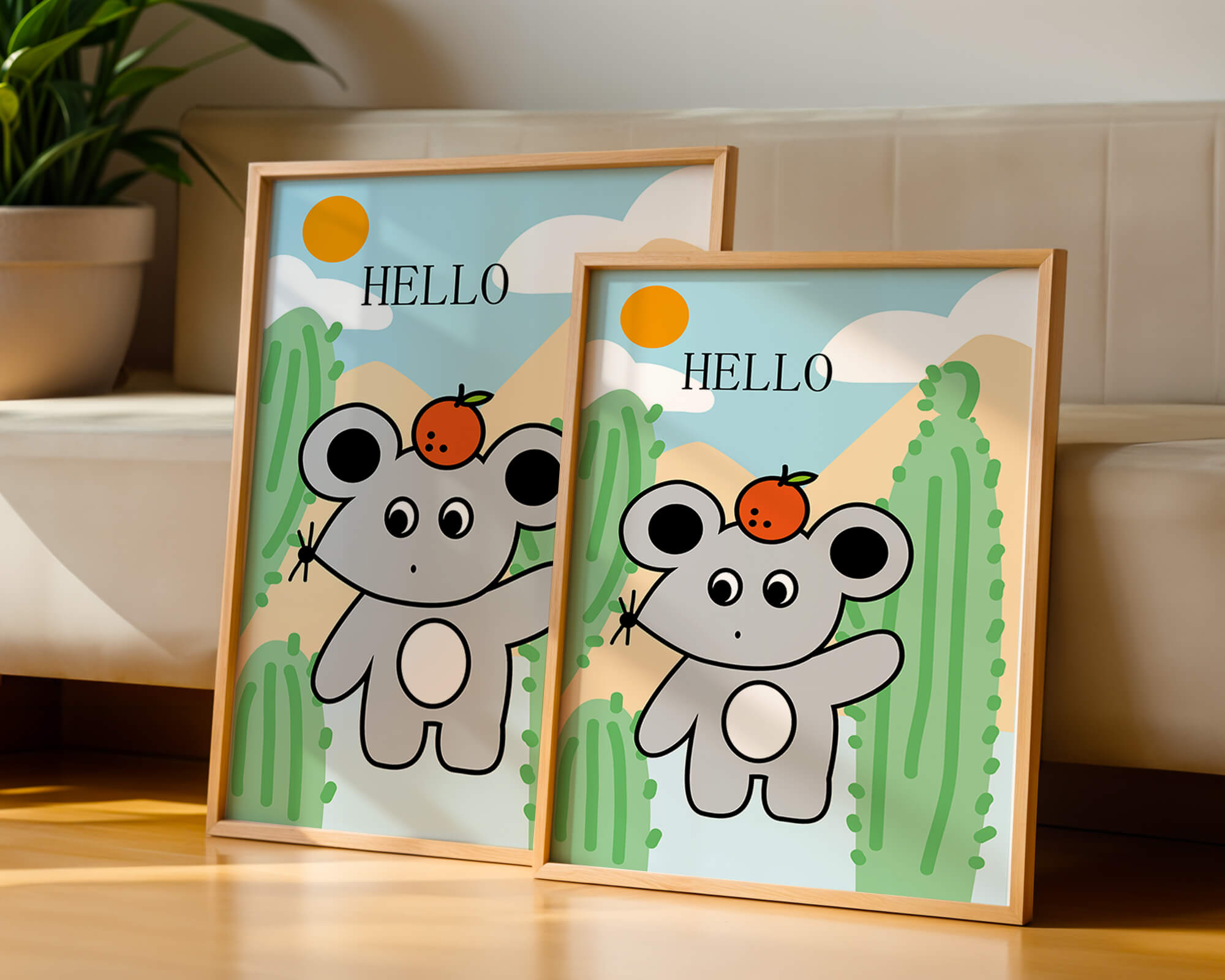 Cute illustration of a mouse with an orange on a sunny background
