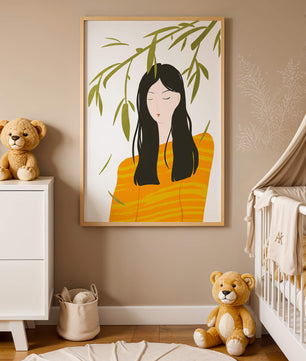 Illustration d'une femme en pull orange avec un fond de feuillage