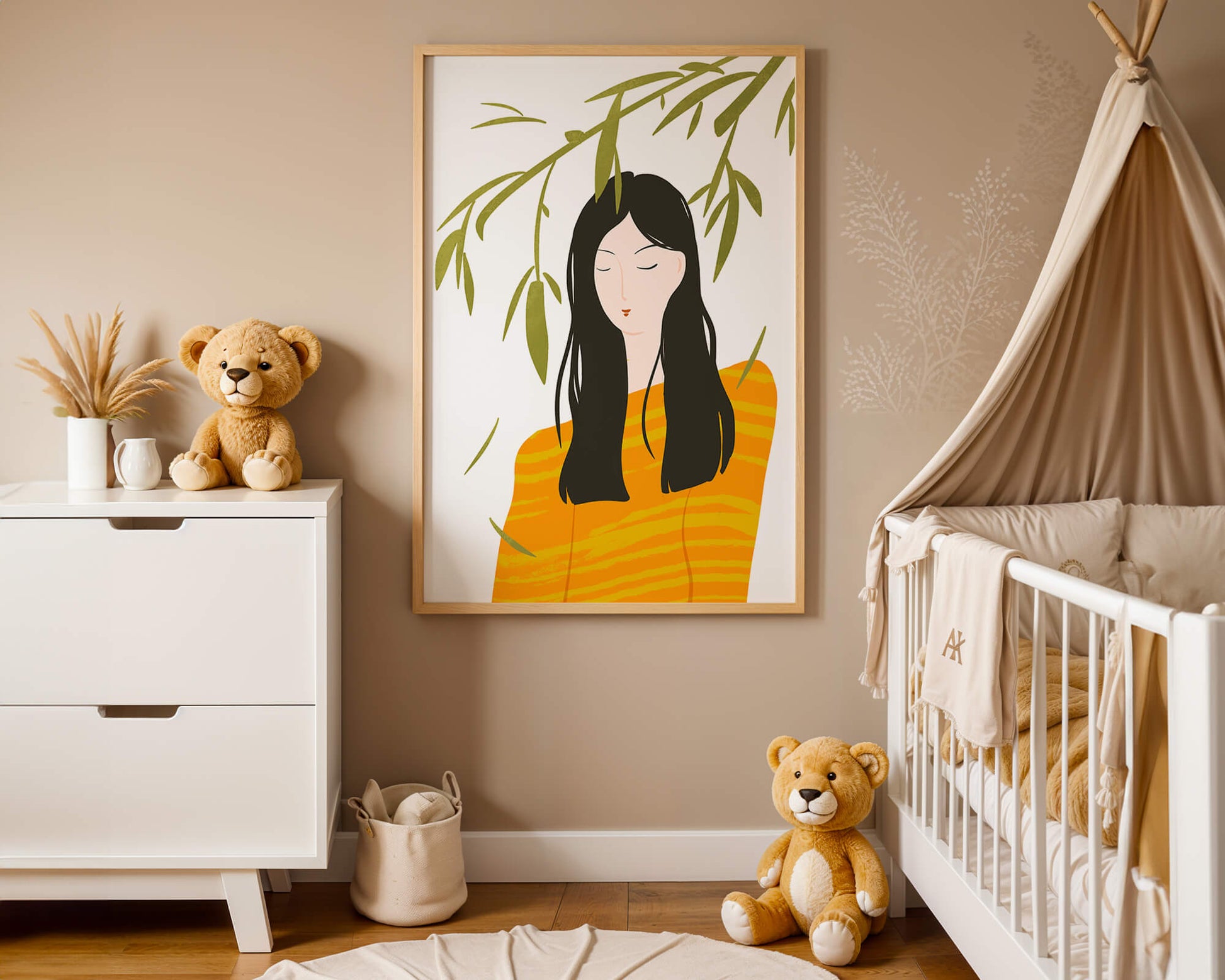 Woman in orange sweater with foliage backdrop illustration