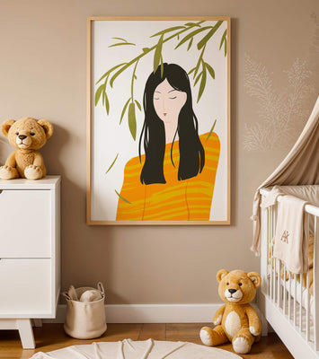 Woman in orange sweater with foliage backdrop illustration