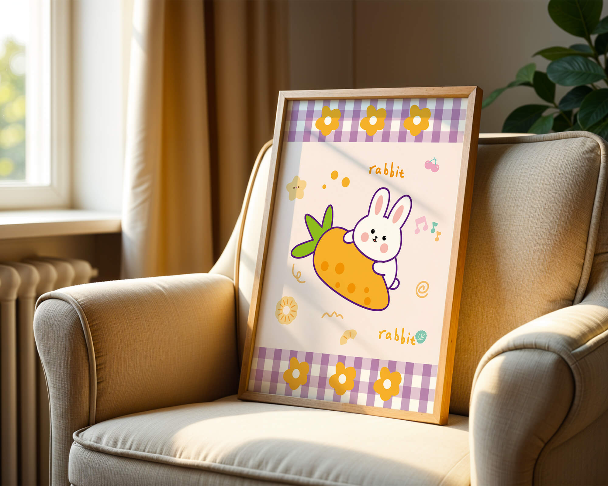Illustrated cute rabbit with carrot on a colorful background