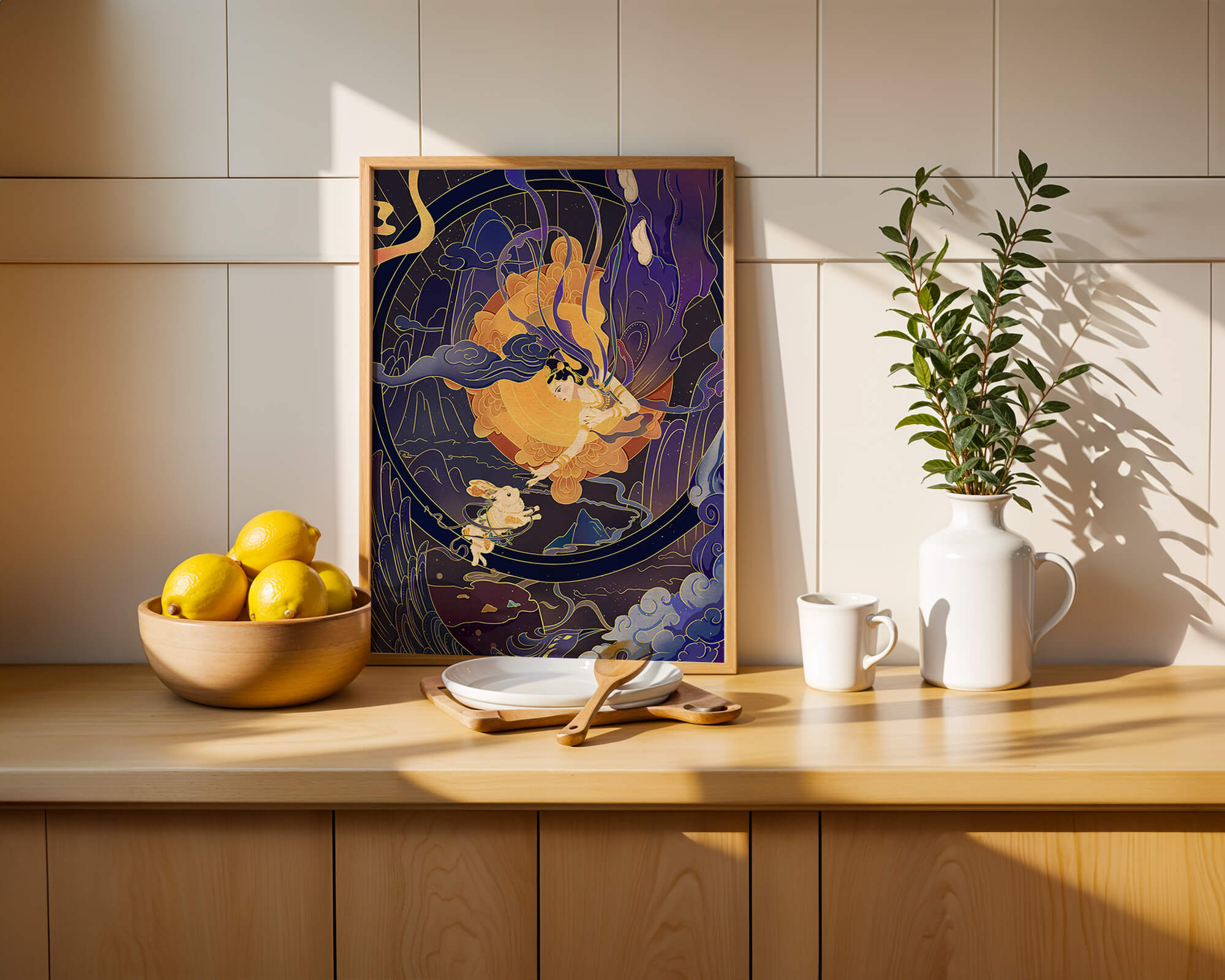 Elegant goddess reaching towards a celestial rabbit in a cosmic scene