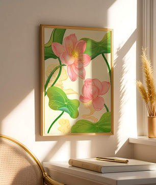 Illustration of pink lotus flowers with green leaves on a pastel background