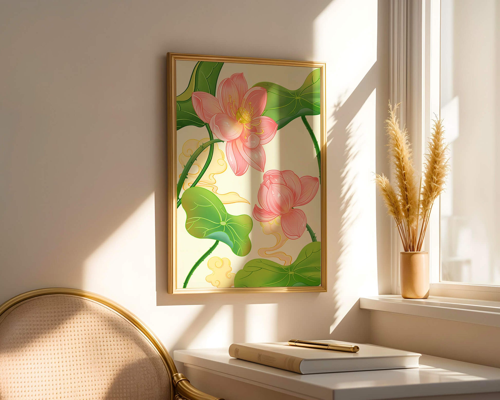 Illustration of pink lotus flowers with green leaves on a pastel background
