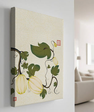 Illustration botanique élégante de melons et de vignes sur un fond texturé