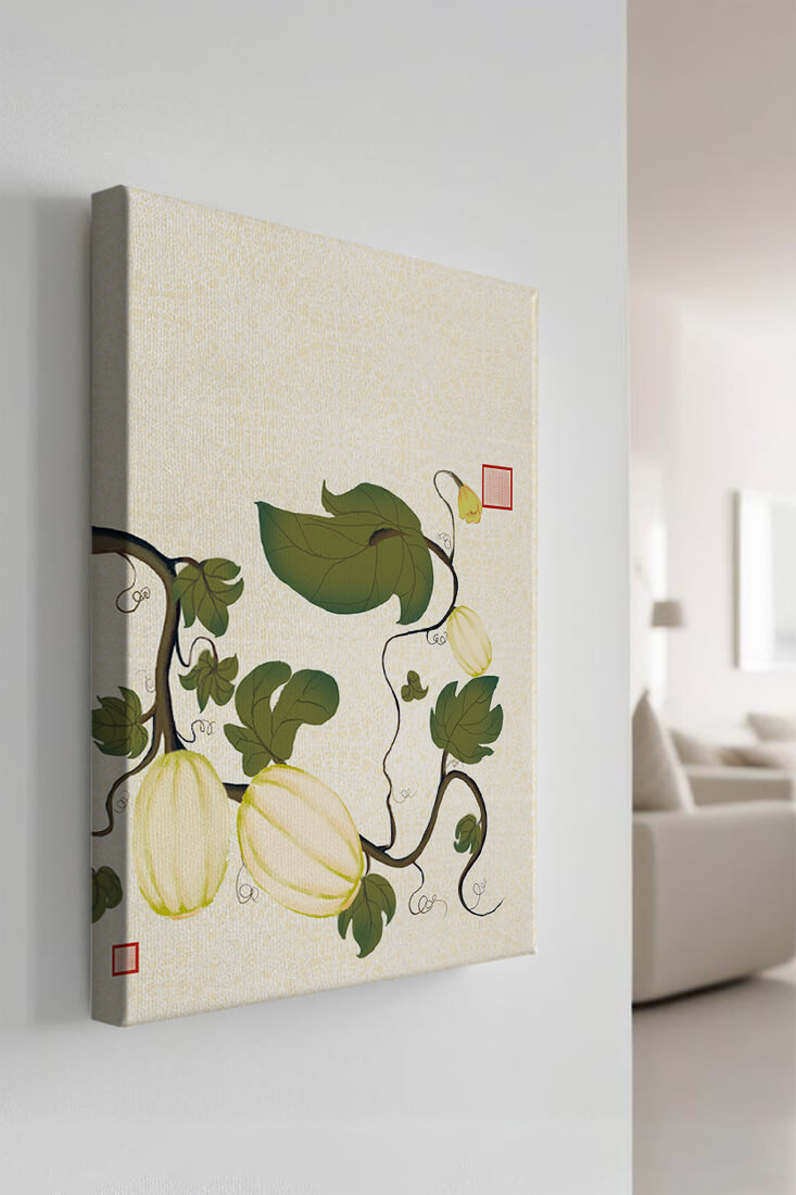 Illustration botanique élégante de melons et de vignes sur un fond texturé